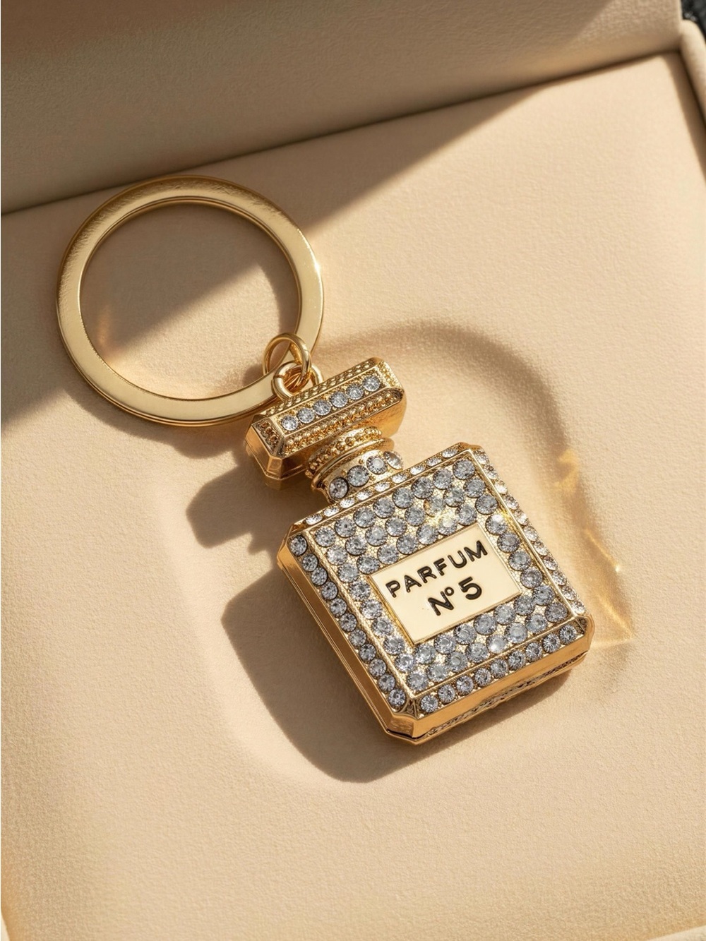 Cute and Trendy Parfum No.5 Bag Charm/Key Chain Clear Crystal and Gold Tone